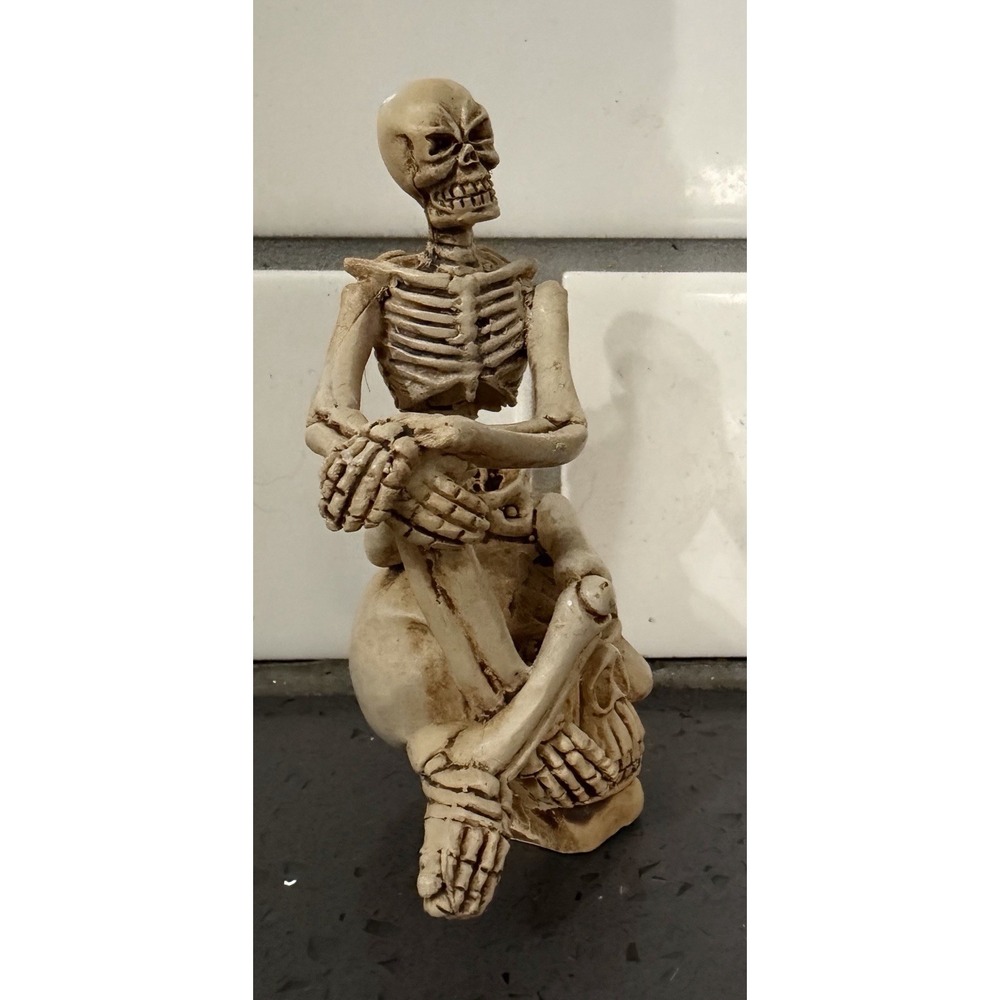 Skeleton Sitting On Skull Statue Resin Shelf Sitters Figurine Halloween